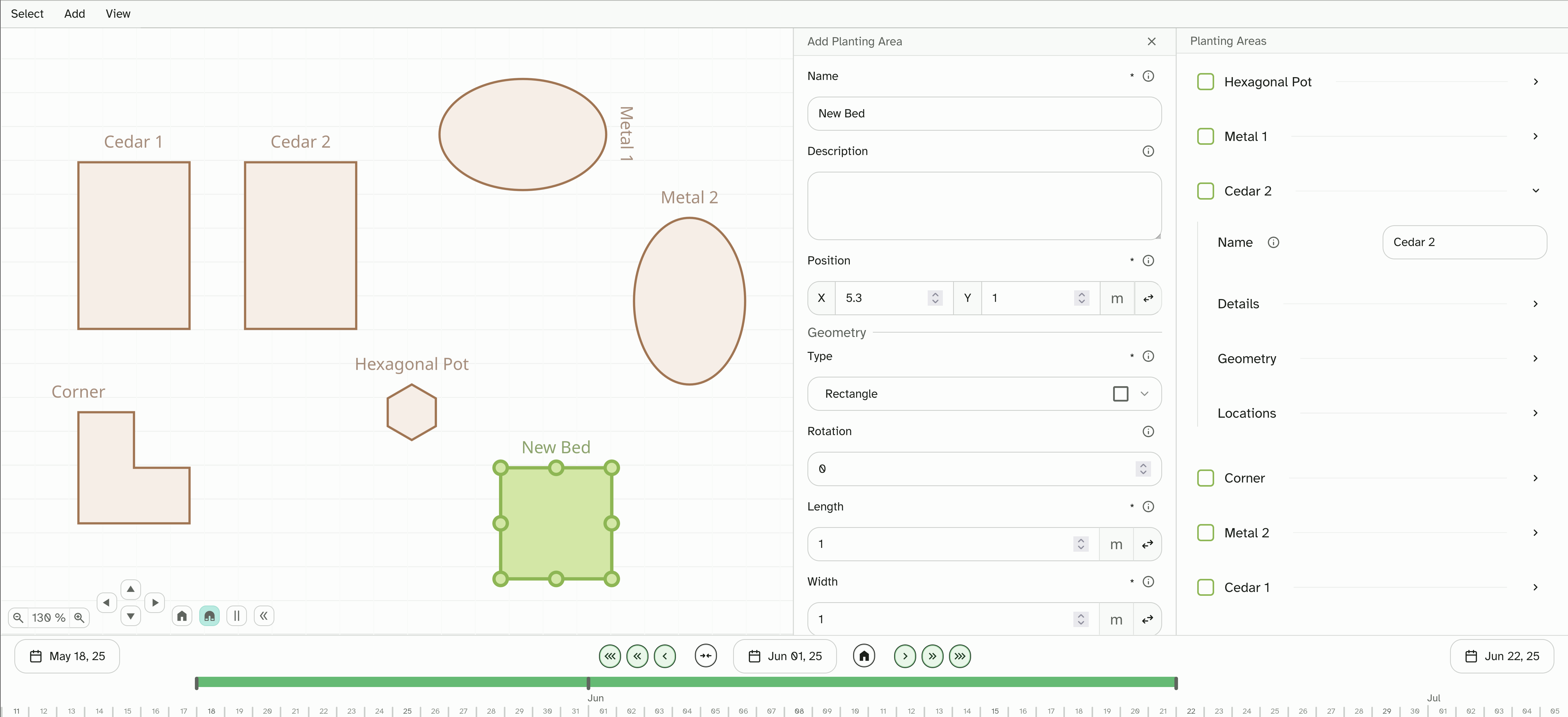 A screenshot of the workspace editor section of the application, where workspaces and other entities such as planting areas may be edited.